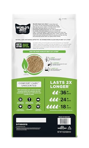 WORLD'S BEST CAT LITTER Comfort Care Unscented 15-Pounds - Natural Ingredients, Quick Clumping, Flushable, 99% Dust Free & Made in USA - Long-Lasting Odor Control & Easy Scooping