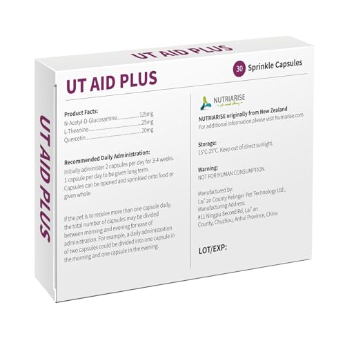 Nutriarise UT AID Plus Feline Idiopathic Cystitis, Cat & Dog Urinary Tract Infection Support, for Treating Incontinence, Bladder Stones, Frequent Urination，Destress, Calm Down- 30 Cap.