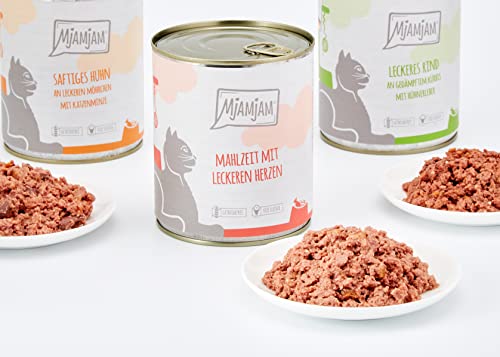 MjAMjAM - Premium Nassfutter für Katzen - Mixpaket I - Huhn, Rind, Herzen, 6er Pack (6 x 800g), getreidefrei mit extra viel Fleisch