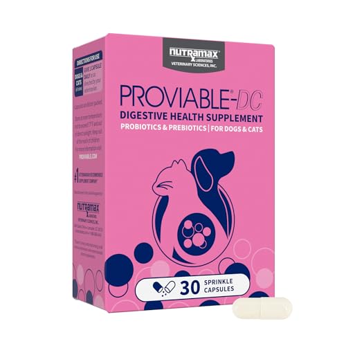 Nutramax Proviable Digestive Health Supplement Multi-Strain Probiotics and Prebiotics for Cats and Dogs - With 7 Strains of Bacteria, 30 Capsules