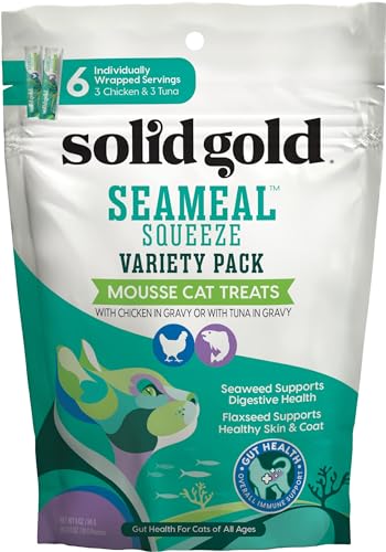 Solid Gold Lickable Cat Treats - SeaMeal Squeeze Squeezable Cat Treats for Indoor Cats Chicken/Tuna Variety Pack - Made with Fiber-rich Seaweed for Digestive Health for Immune Support - 3 oz / 6 Count