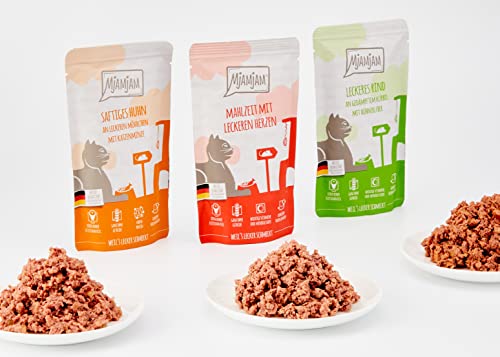 MjAMjAM - Premium Nassfutter für Katzen - Mixpaket I - Huhn, Rind, Herzen, 12er Pack (12 x 125 g), getreidefrei mit extra viel Fleisch