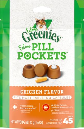 Greenies Feline Pill Pockets for Cats Natural Soft Cat Treats, Chicken Flavor, 1.6 oz. Pouch (45 Treats)