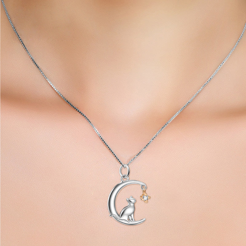 S925 Sterling Silver Jewelry Moon Cat Pendant Necklace Micro Inlay