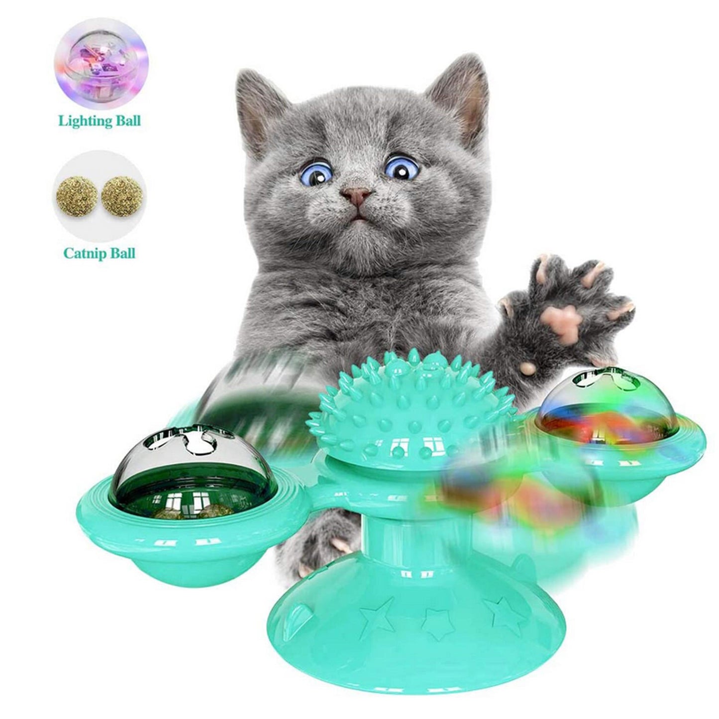 Behogar Funny Rotation Windmill Pet Cat Chewing Interactive Toy with Suction Cup Hair Massager LED Catnip Ball