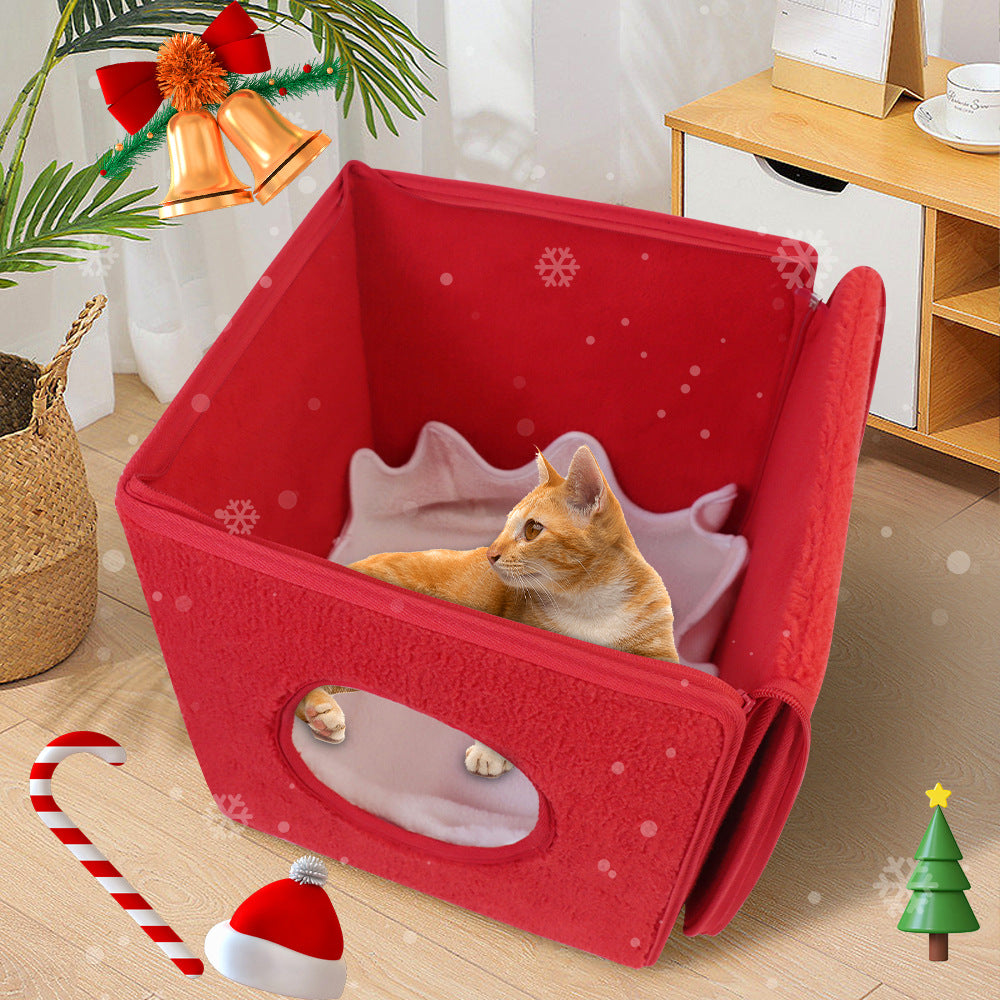 New Detachable Christmas Gift Box Shape Cat Litter Autumn And Winter Warm Detachable And Washable Plush Large Space Cotton Nest