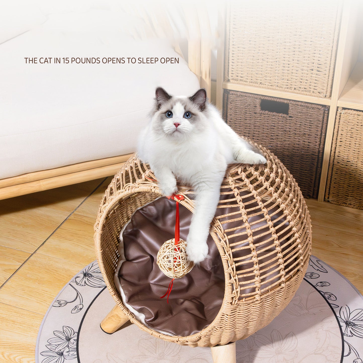 Breathable Rattan Woven Round Cat Bed PE Rattan Cat Climbing Frame Sleep Game Warm Pet Litter Cat Villa