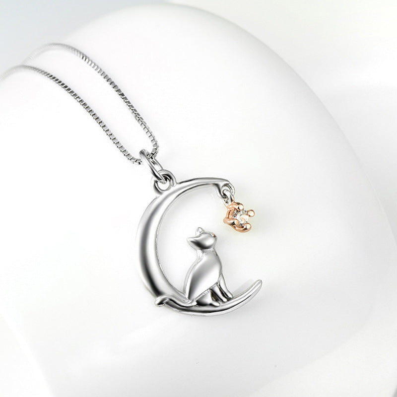 S925 Sterling Silver Jewelry Moon Cat Pendant Necklace Micro Inlay