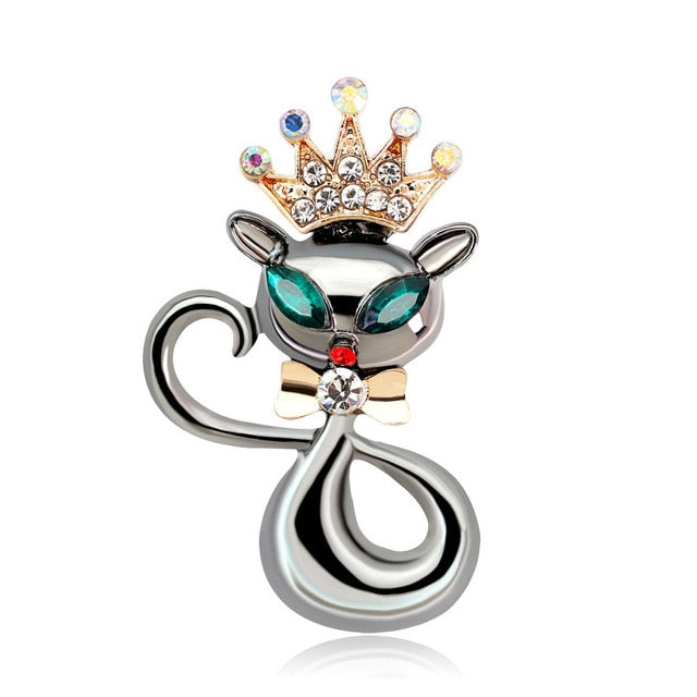 Lively Pride Cat Brooch for Party Shell Metal Crown Blue Crystal Enamel Pin Black Animal Brooch for Women Jewelry Accessories