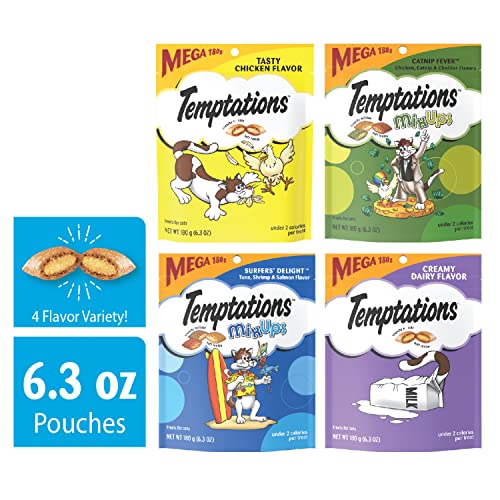 Temptations Classics and MixUps Crunchy and Soft Cat Treats Variety Mega Pack, (4) 6.3 oz. Pouches