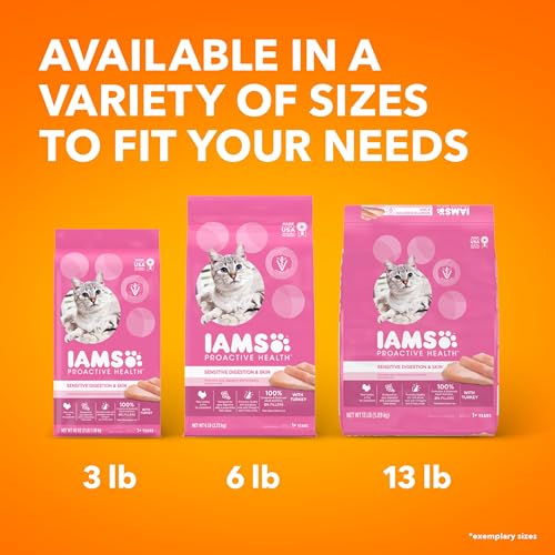 IAMS Proactive Health Adult Sensitive Digestion & Skin Dry Cat Food with Turkey, 13 lb. Bag