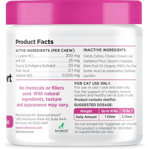 Balanced Breed L-Lysine Cats Immune Support Soft Chews Made in USA Non-GMO Vet-Pharmacist Approved Krill Oil Omega 3 Cat Vitamins Indoor Cats Supplements Asthma Relief Cat Lysine Allergy Relief 60 ct.