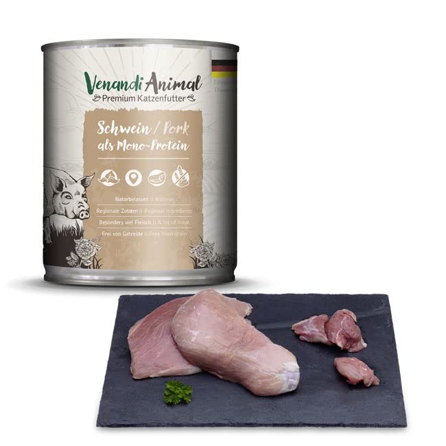 Venandi - Premium Nassfutter für Katzen - Schwein als Monoprotein, 6 x 800g (6er Pack), getreidefrei mit extra viel Fleisch