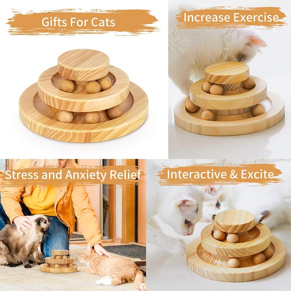 Solid Wood Cat Toy Wooden Turntable Rolling Ball Double Layer Tease Cat Bite Resistant Toy