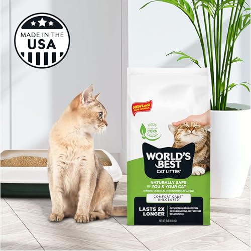 WORLD'S BEST CAT LITTER Comfort Care Unscented 15-Pounds - Natural Ingredients, Quick Clumping, Flushable, 99% Dust Free & Made in USA - Long-Lasting Odor Control & Easy Scooping