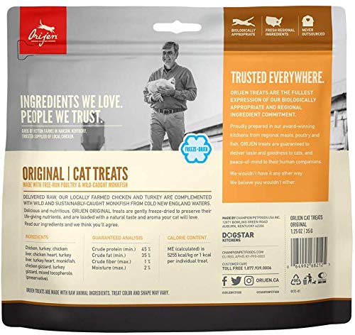 ORIJEN 3 Pack of Original Cat Treats, 1.25 Ounces Each, Freeze-Dried, Grain-Free, Made in The USA