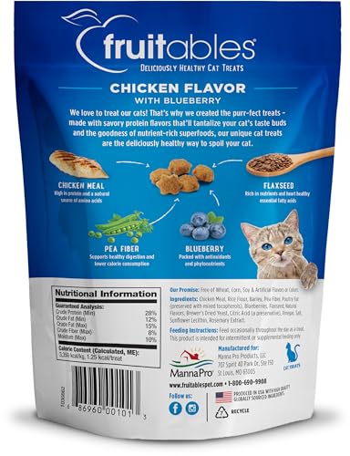 Fruitables Cat Treats – Crunchy Treats for Cats – Healthy Low Calorie Treats Packed with Protein – Free of Wheat, Corn and Soy – Made with Real Chicken with Blueberry – 30 Ounces