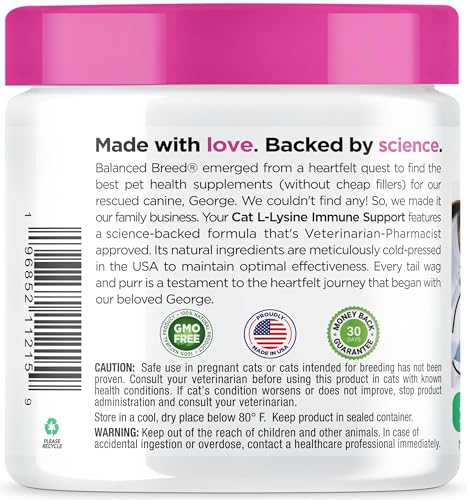 Balanced Breed L-Lysine Cats Immune Support Soft Chews Made in USA Non-GMO Vet-Pharmacist Approved Krill Oil Omega 3 Cat Vitamins Indoor Cats Supplements Asthma Relief Cat Lysine Allergy Relief 60 ct.