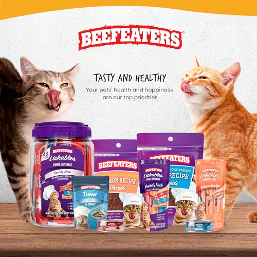 Beefeaters Cat Treats - Variety Pack Lickable Puree 48ct | Cat Food Salmon, Tuna, Chicken | Grain-Free, Taurine-Enriched | Training Treats - Interactive Feeding | Wet/Dry Food