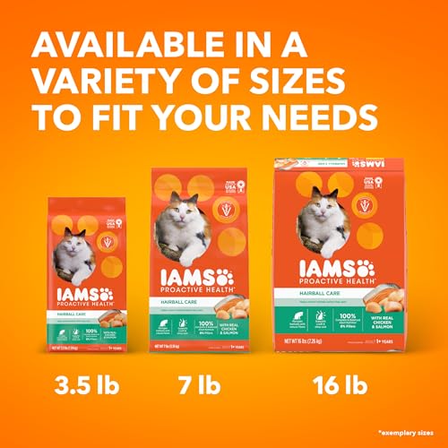 IAMS PROACTIVE HEALTH Adult Hairball Care Dry Cat Food with Chicken and Salmon Cat Kibble, 16 lb. Bag