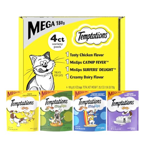 Temptations Classics and MixUps Crunchy and Soft Cat Treats Variety Mega Pack, (4) 6.3 oz. Pouches