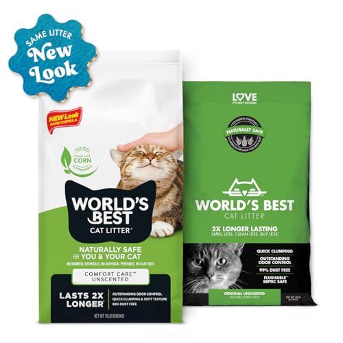 WORLD'S BEST CAT LITTER Comfort Care Unscented 15-Pounds - Natural Ingredients, Quick Clumping, Flushable, 99% Dust Free & Made in USA - Long-Lasting Odor Control & Easy Scooping