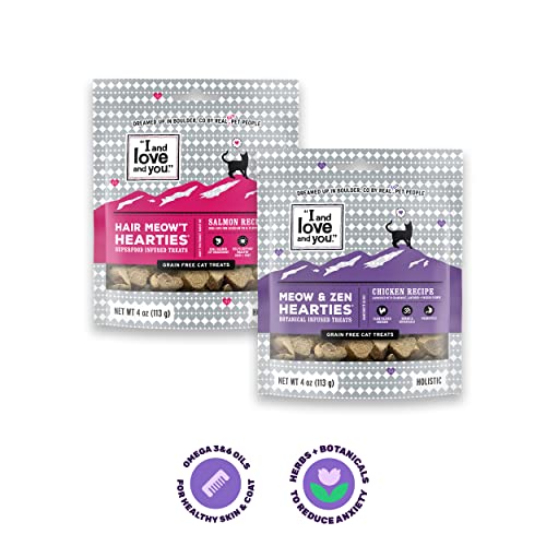 I and love and you Meow & Zen Hearties Cat Treats - Chicken- Grain Free, Omega 3 & 6, Prebiotics, Filler Free, 4oz Bag