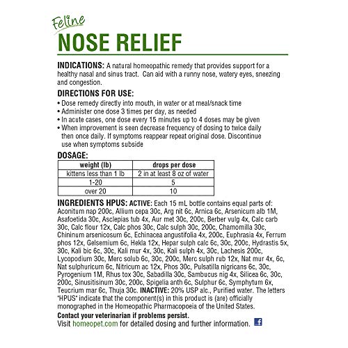 HomeoPet Feline Nose Relief, Natural Nasal and Sinus Medicine for Cats, Pet Medicine, 15 Milliliters