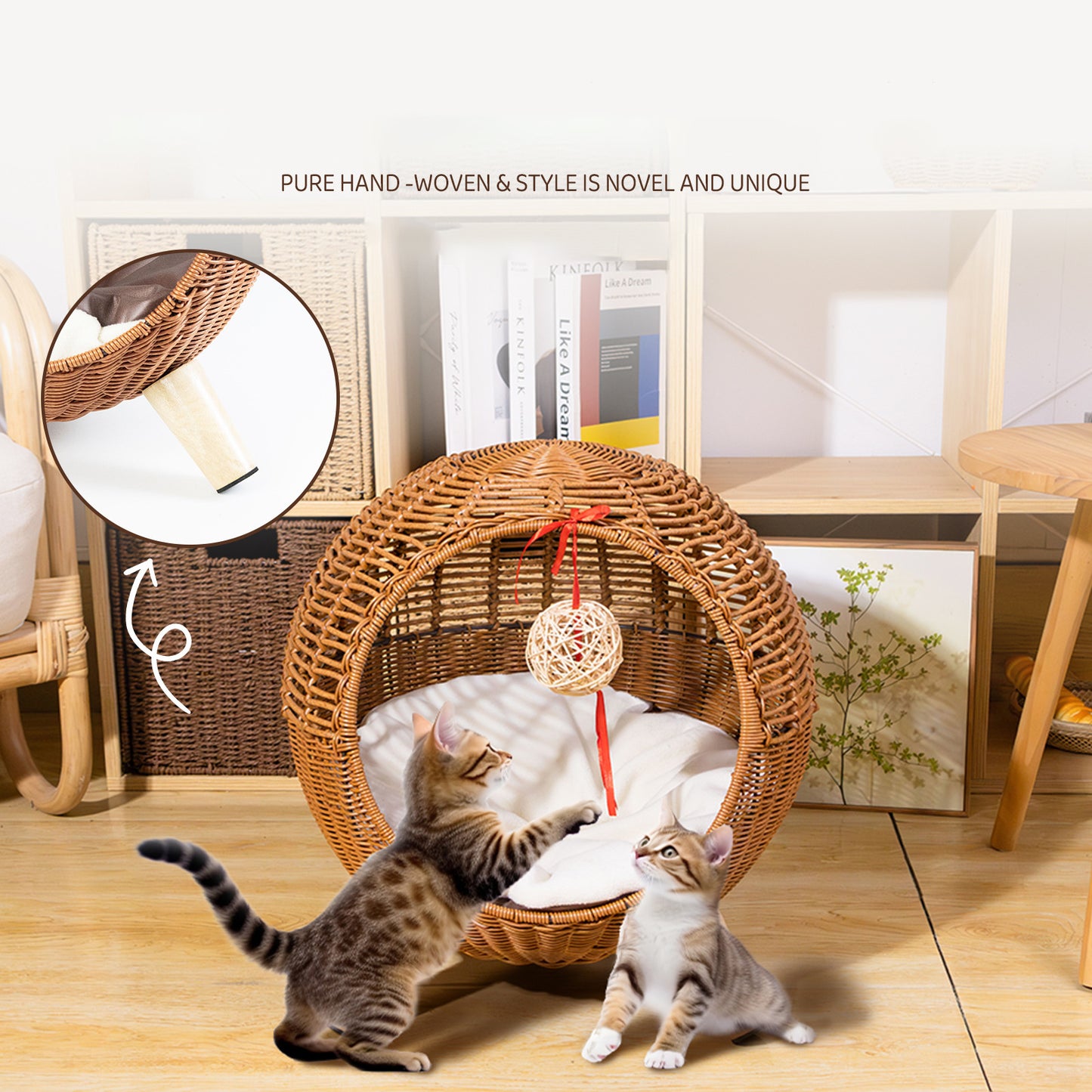 Breathable Rattan Woven Round Cat Bed PE Rattan Cat Climbing Frame Sleep Game Warm Pet Litter Cat Villa