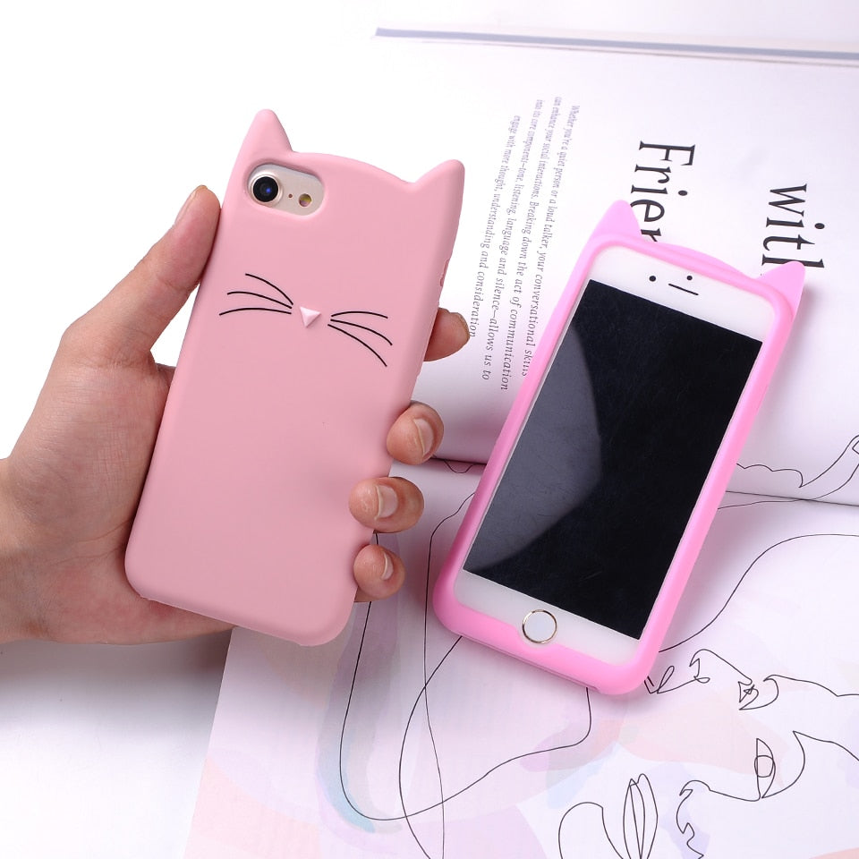 Cute 3D Silicone Cartoon Cat Pink Black Soft Phone Case Cover Coque Fundas For iPhone 7 7Plus 6 6S 5S SE X XS Max