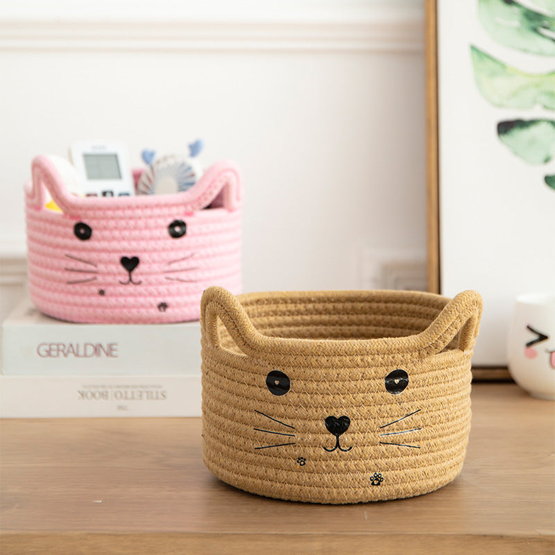 Handwoven Cotton Rope Storage Basket Dirty Clothes Basket Frame Storage Clothes Toy Folding Frame Cat Ear Basket