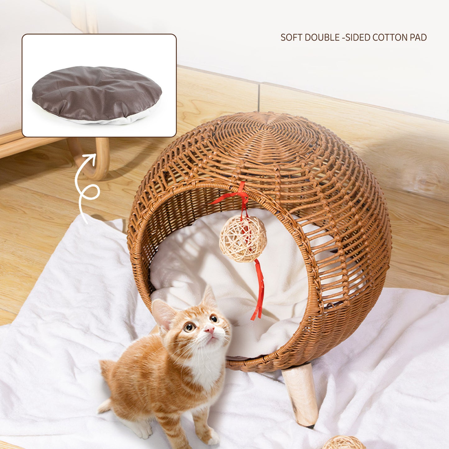 Breathable Rattan Woven Round Cat Bed PE Rattan Cat Climbing Frame Sleep Game Warm Pet Litter Cat Villa