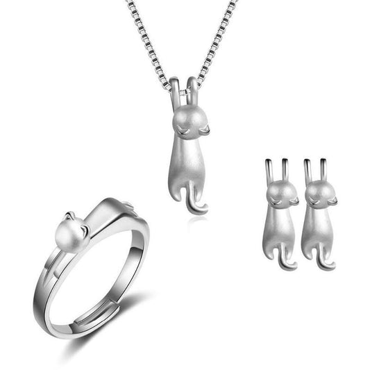 Cute Cat Jewelry Set - Ring - Ear Rings - Necklace