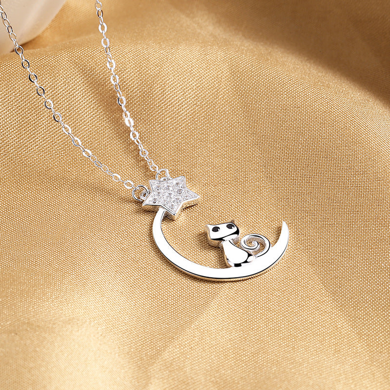 Cute Cat Pendant 925 Silver Clavicle Korean Simple Ins Micro-inlaid Jewelry