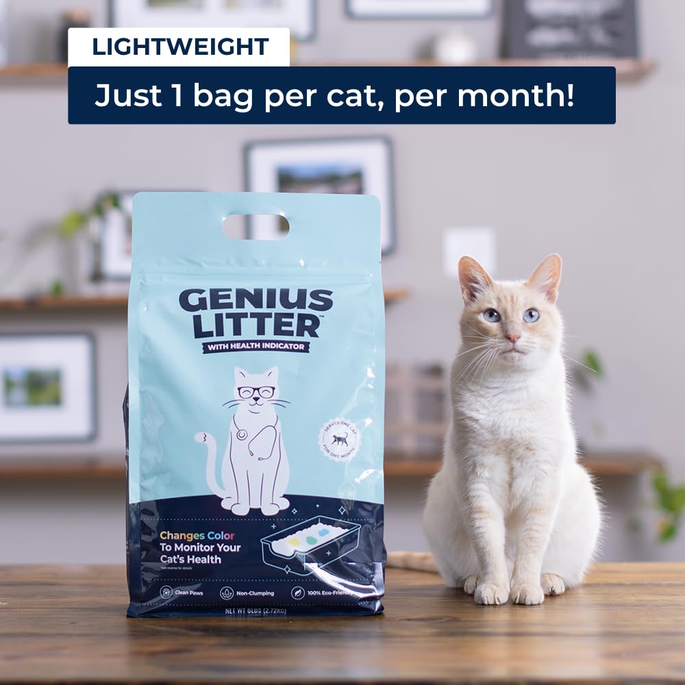 Genius Litter Health Indicating Cat Litter with Non-Clumping Lightweight Color Changing Silica Gel Crystals As Seen on Shark Tank, Non Clumping, Super Absorbent Odor Control (1 Bag (6lb))