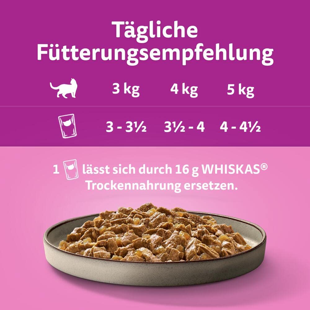 Whiskas 1+ Katzennassfutter Ragout Geflügel Auswahl in Gelee, 40x85g (1 Packung) – Hochwertiges Nassfutter für ausgewachsene Katzen in 40 Portionsbeuteln