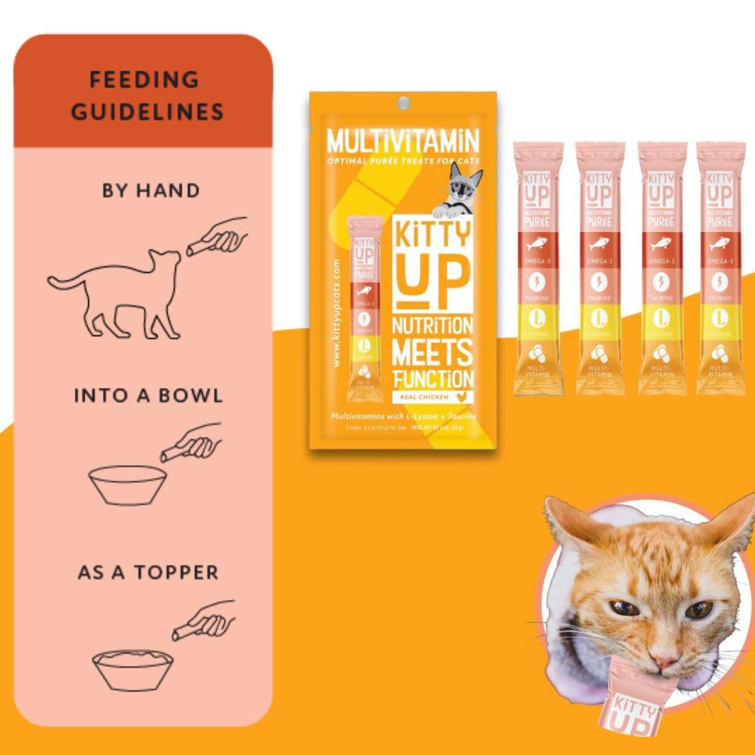 Kitty Up - Lickable Cat Treat Pouches for Indoor Cats - All Natural Chicken Puree Tube Treats - Kitten and Senior Soft Wet Cat Food - Grain Free, Lysine, Taurine; 12 Tubes .05 oz ea.