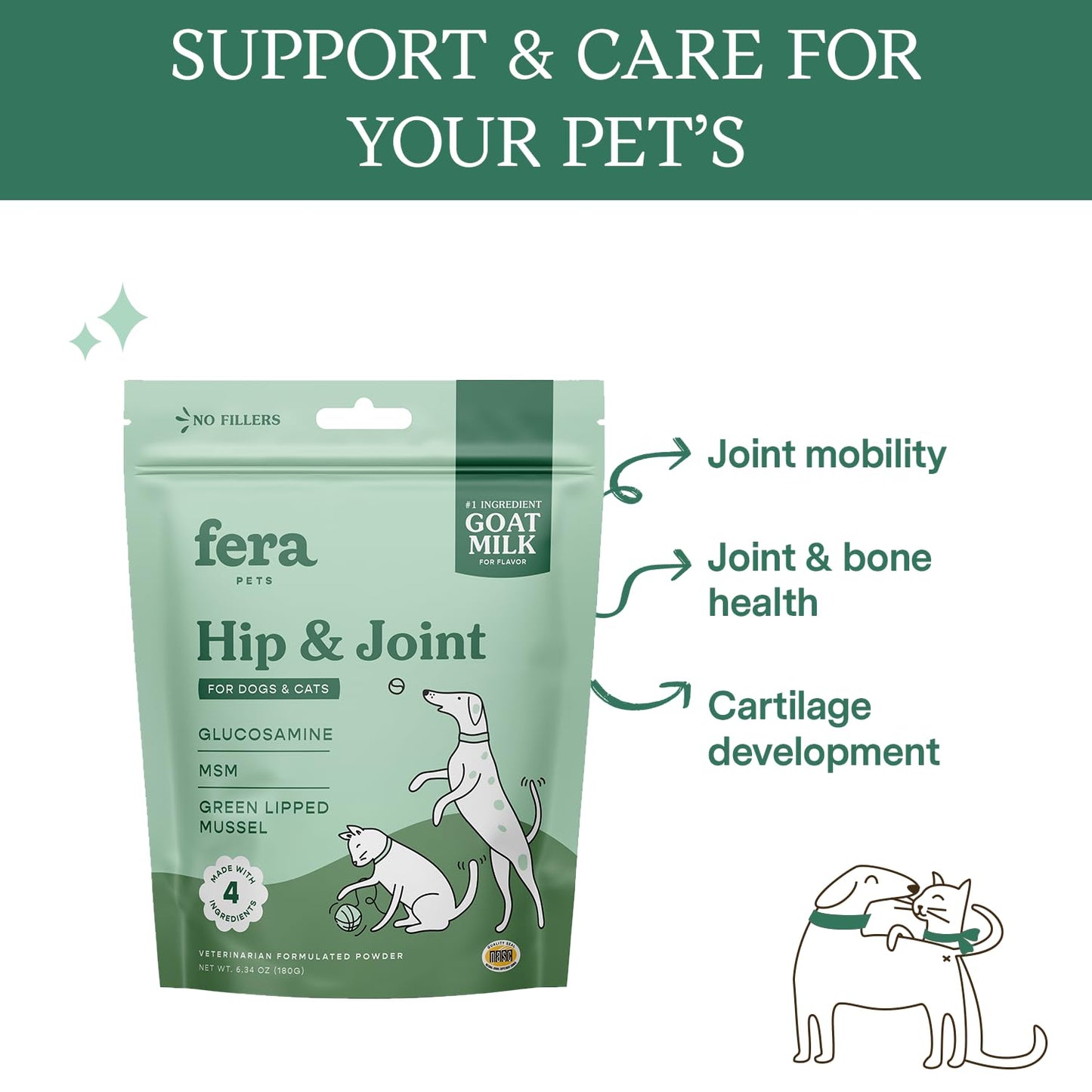 Fera Pet Organics Hip & Joint Goat Milk Cat & Dog – Vet Created - Joint Supplement for Dogs & Cats – Glucosamine for Dogs & Cats, MSM- 60 Servings