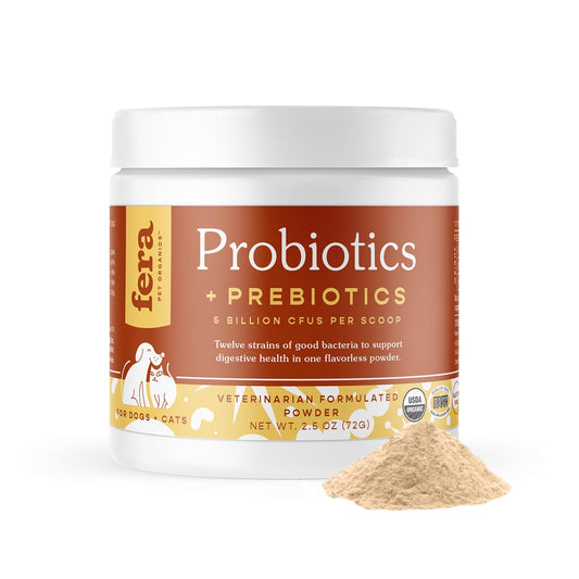 Fera Pet Organics Probiotics for Dogs & Cats - Vet Created - Cat & Dog Probiotic Supplement - 12 Strains & Prebiotics for Pet’s Digestion - 60 Scoops