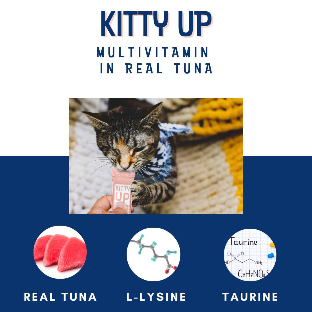 Kitty Up Lickable Cat Treats for Indoor Cats - Multivitamin Puree Treat with Real Tuna, Lysine, Taurine, & Grain Free | 50 Cat Tube Treats