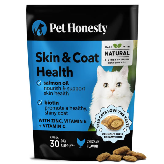 Pet Honesty Cat Skin & Coat Health Crunchy & Creamy Chews - Omegas, Vitamin C + E, Biotin Supplement, Soothes Skin and Promotes Shiny Coat, Cat Supplements & Vitamins - Chicken (30-Day Supply)