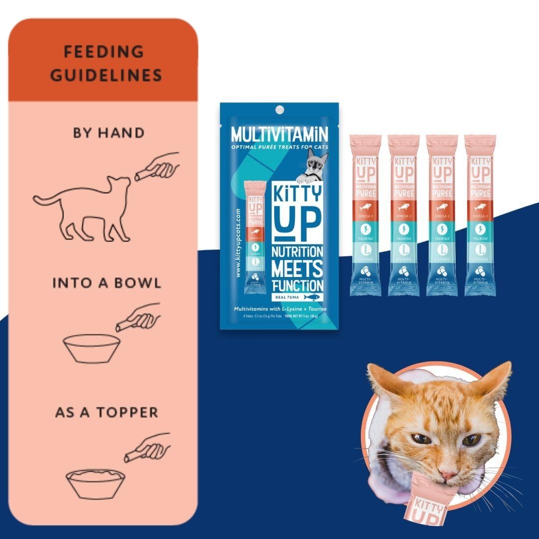 Kitty Up Lickable Cat Treats for Indoor Cats - Multivitamin Puree Treat with Real Tuna, Lysine, Taurine, & Grain Free | 50 Cat Tube Treats