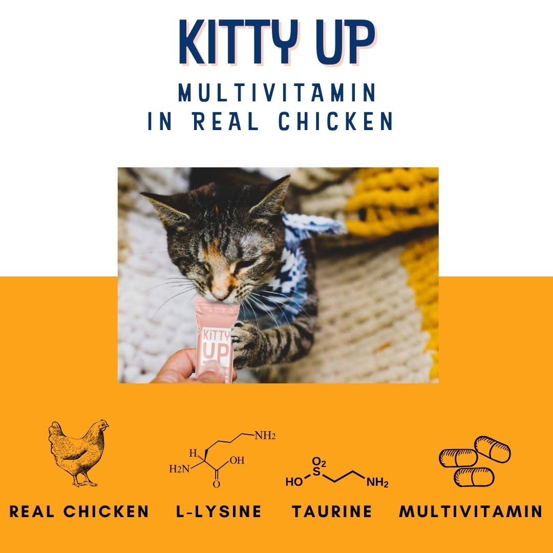 Kitty Up - Lickable Cat Treat Pouches for Indoor Cats - All Natural Chicken Puree Tube Treats - Kitten and Senior Soft Wet Cat Food - Grain Free, Lysine, Taurine; 12 Tubes .05 oz ea.