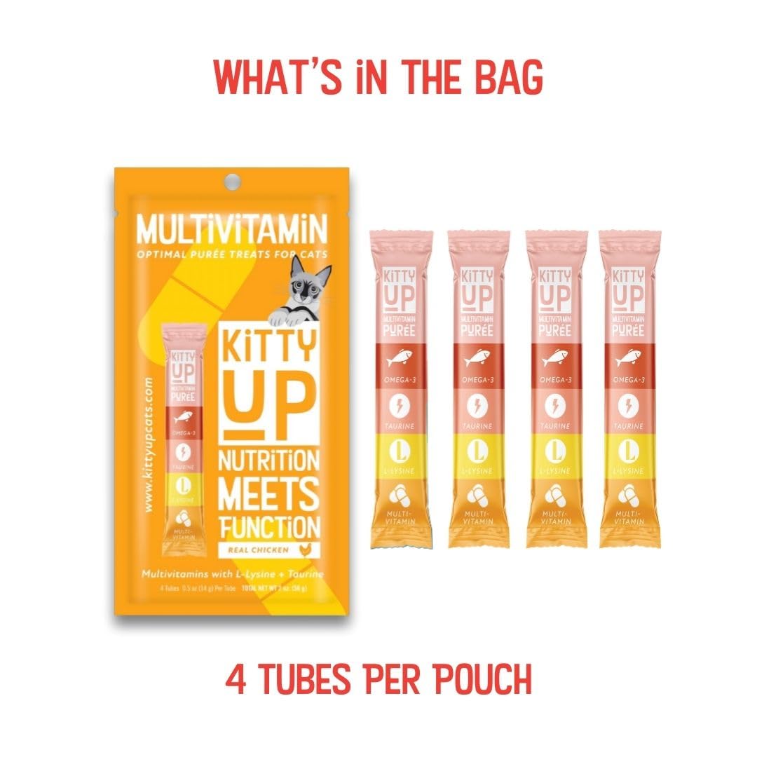 Kitty Up - Lickable Cat Treat Pouches for Indoor Cats - All Natural Chicken Puree Tube Treats - Kitten and Senior Soft Wet Cat Food - Grain Free, Lysine, Taurine; 12 Tubes .05 oz ea.