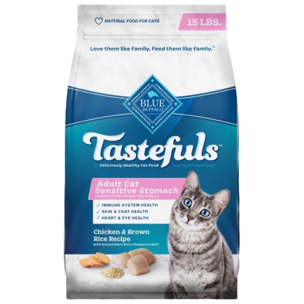 Blue Buffalo Tastefuls Natural Dry Food for Adult Cats, Sensitive Stomach, Chicken & Brown Rice Recipe, 15-lb Bag