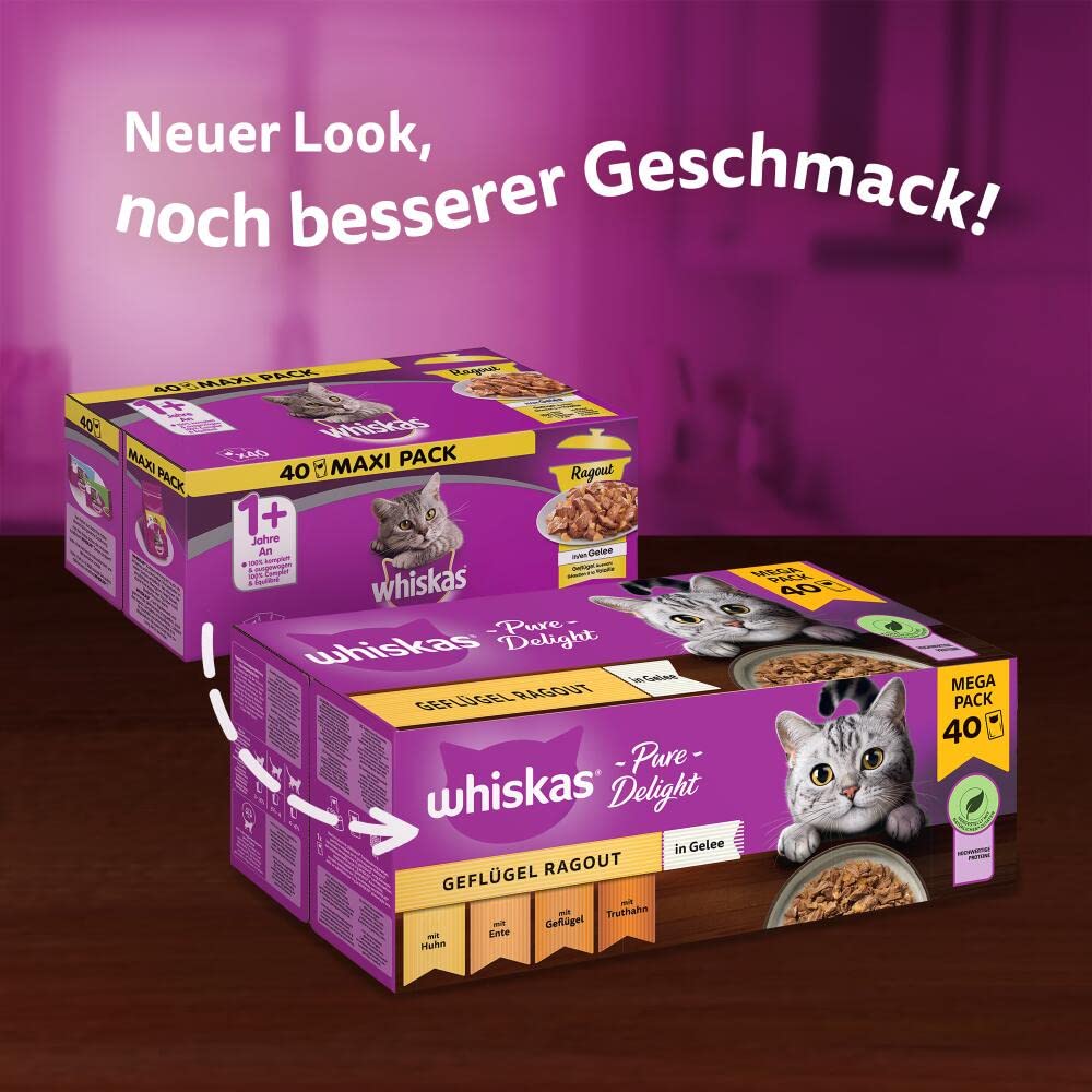 Whiskas 1+ Katzennassfutter Ragout Geflügel Auswahl in Gelee, 40x85g (1 Packung) – Hochwertiges Nassfutter für ausgewachsene Katzen in 40 Portionsbeuteln