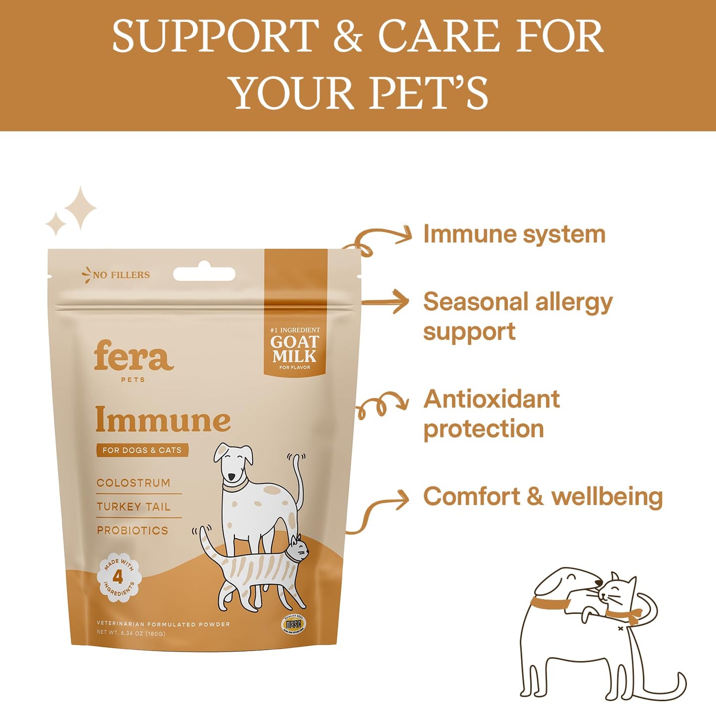 Fera Pet Organics Immune Goat Milk Cat & Dog Food Topper – Vet Created - Pet Allergy & Immunity Aid – Probiotic - Colostrum & Turkey Tail Mushroom-60 Servings