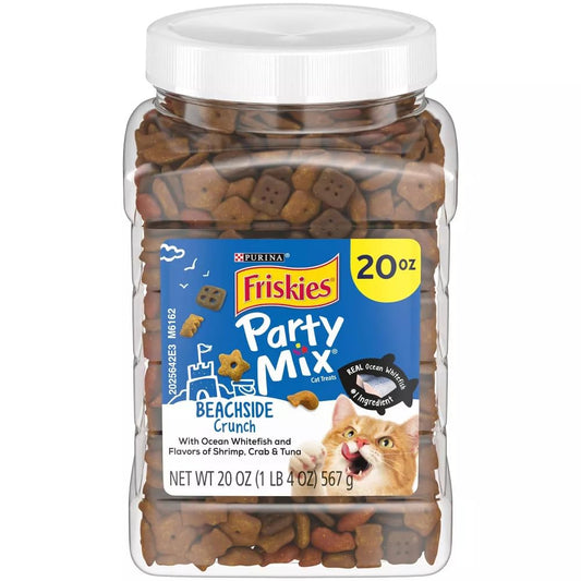 Party Mix Crunch Beachside Cat Treats 20 oz. Canister,Shrimp, Crab and Tuna Flavors,New