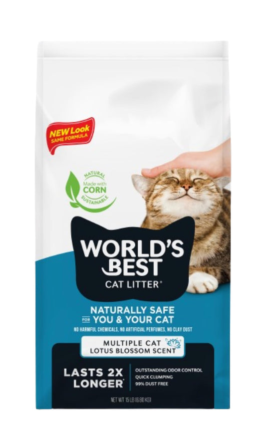 WORLD'S BEST CAT LITTER Multiple Cat Lotus Blossom Scented 15-Pounds - Natural Ingredients, Quick Clumping, Flushable, 99% Dust Free & Made in USA - Floral Fragrance & Long-Lasting Odor Control