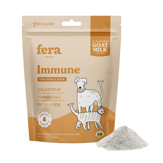 Fera Pet Organics Immune Goat Milk Cat & Dog Food Topper – Vet Created - Pet Allergy & Immunity Aid – Probiotic - Colostrum & Turkey Tail Mushroom-60 Servings